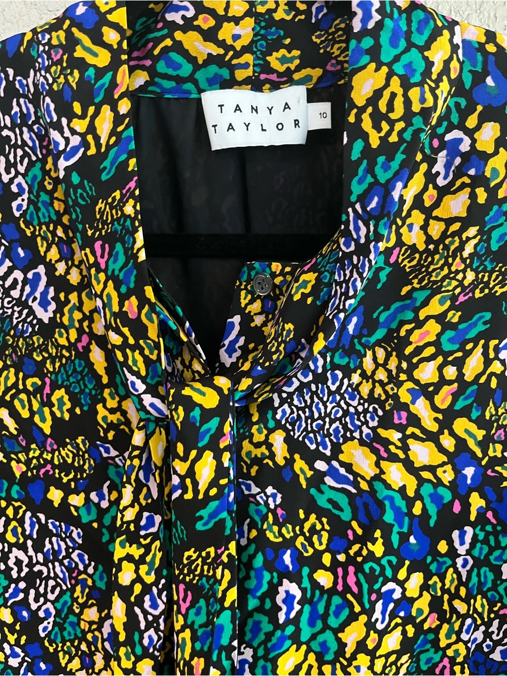 Tanya Taylor 100% Silk Tie Neck Shift Dress Abstract Leopard Print Size 10